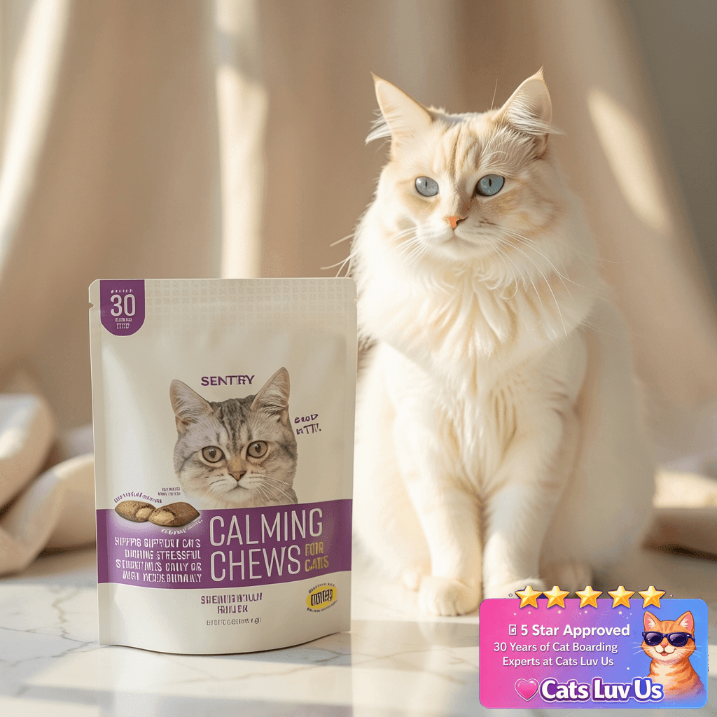Sentry Calming Chews for Cats with cat - professional product lifestyle photo