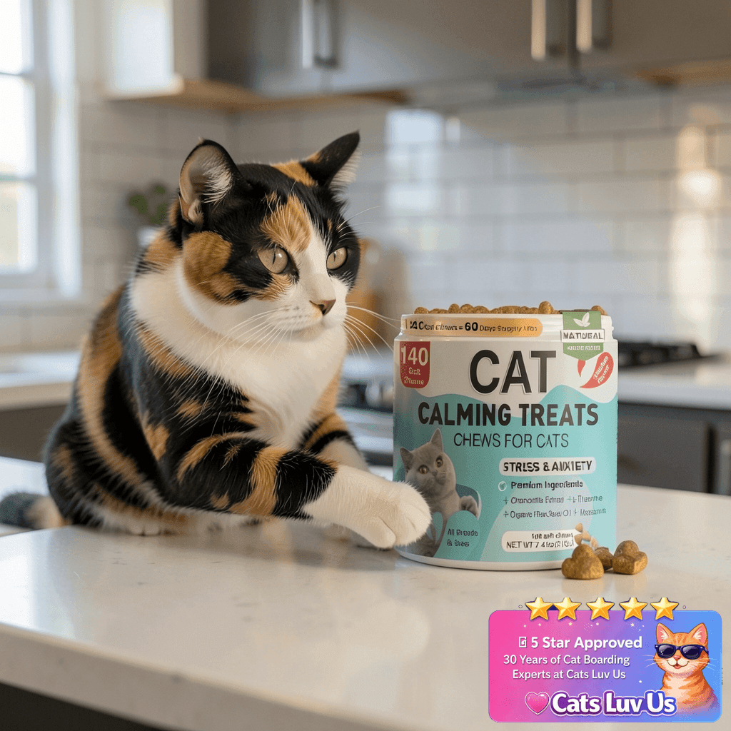 MNQAXZ Cat Calming Treats with cat - professional product lifestyle photo