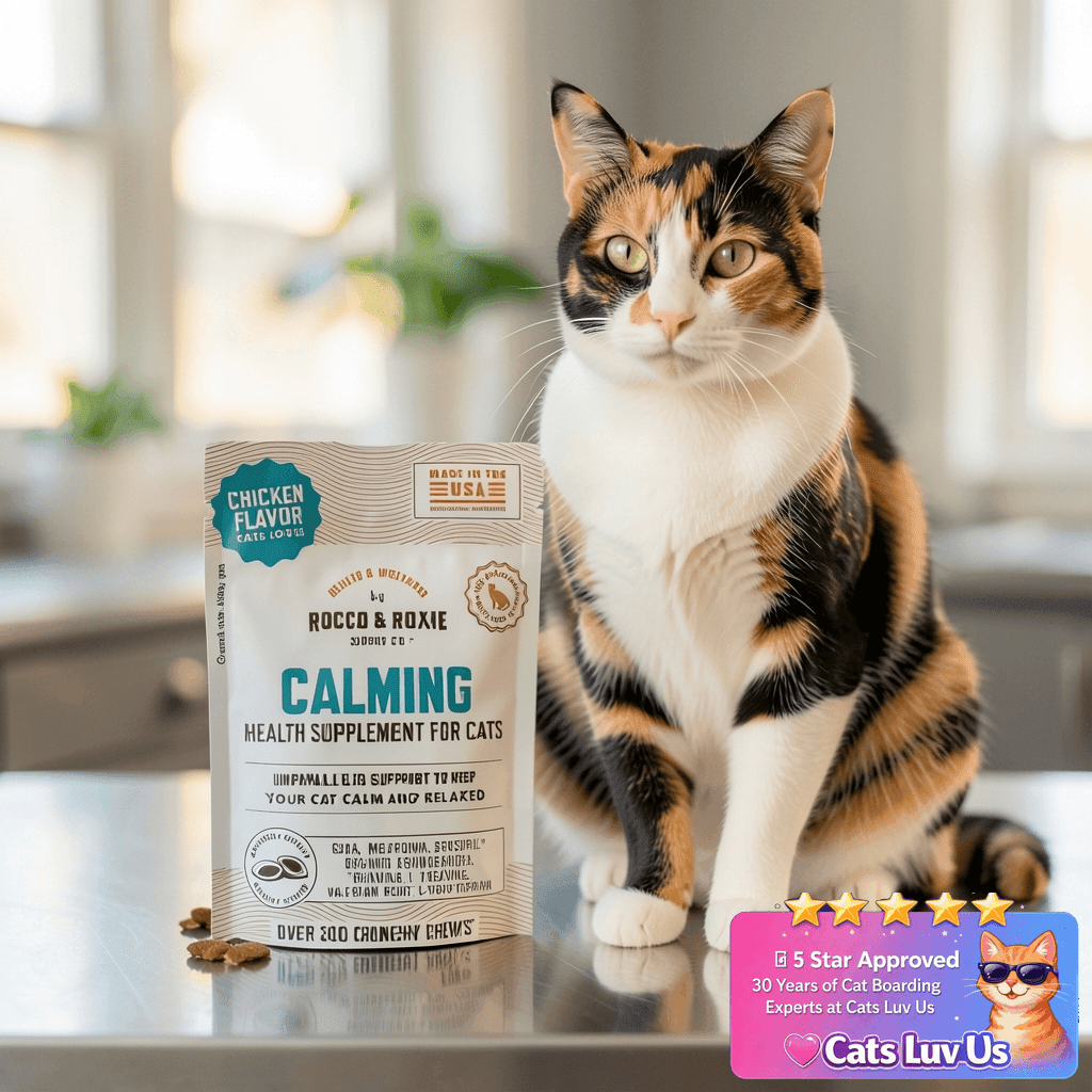 Rocco & Roxie Cat Calming Treats with Melatonin for Cats with cat - professional product lifestyle photo