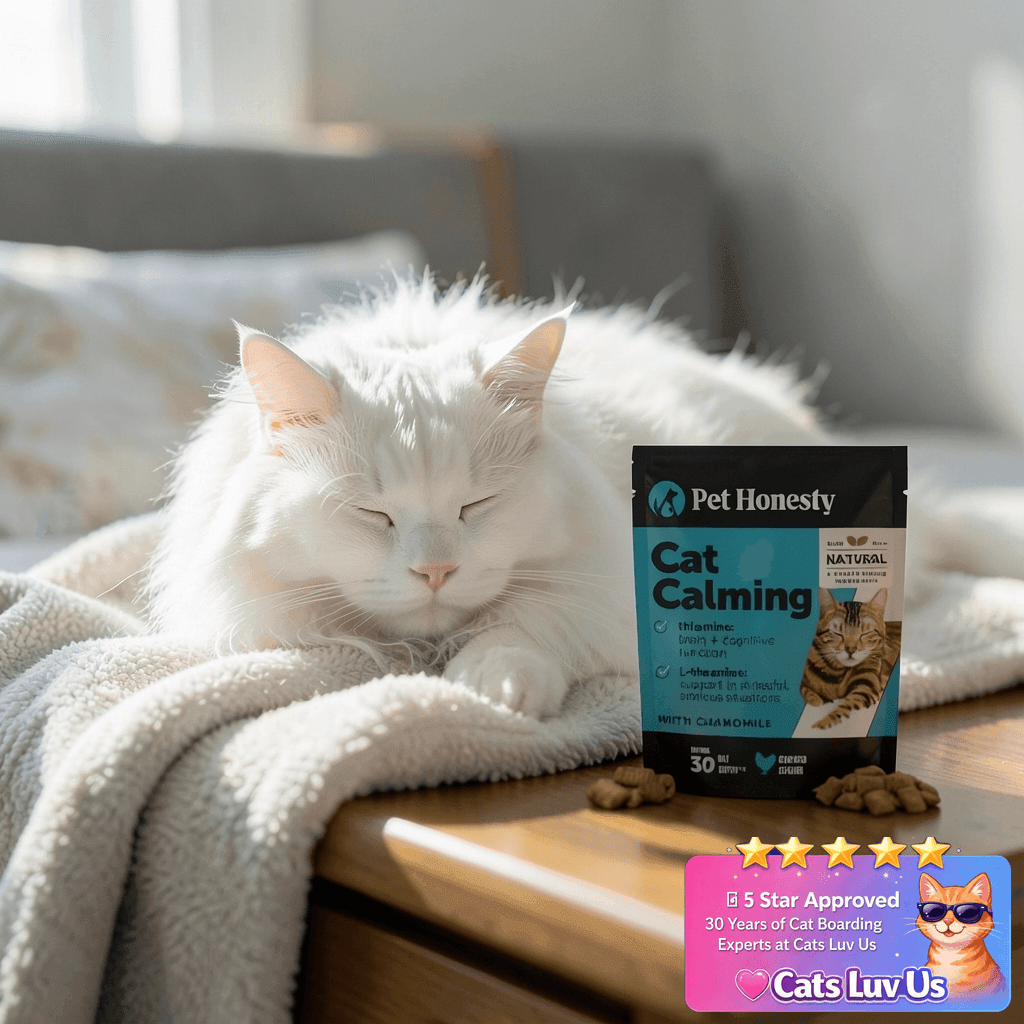 Calming Chews for Cats - Cat Anxiety Relief + Helps Reduce with cat - professional product lifestyle photo