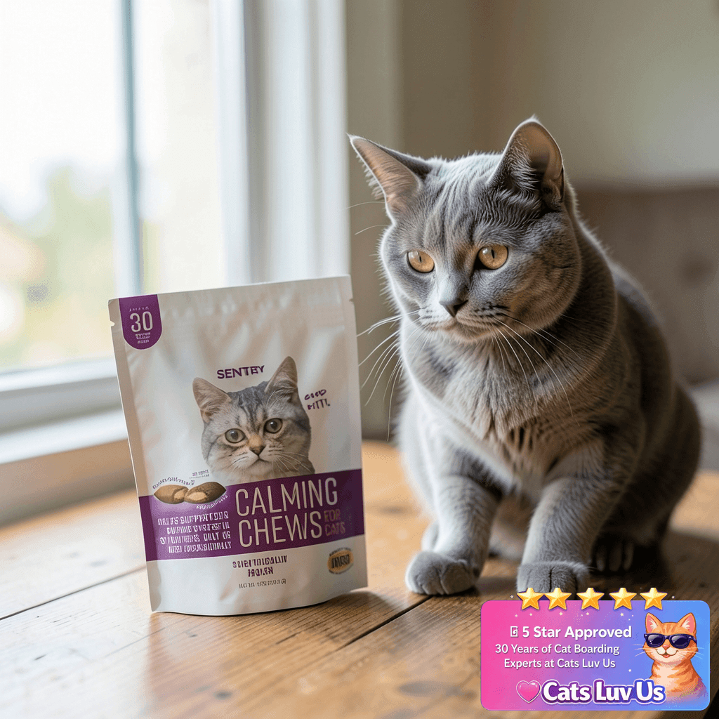 Sentry Calming Chews for Cats with cat - professional product lifestyle photo
