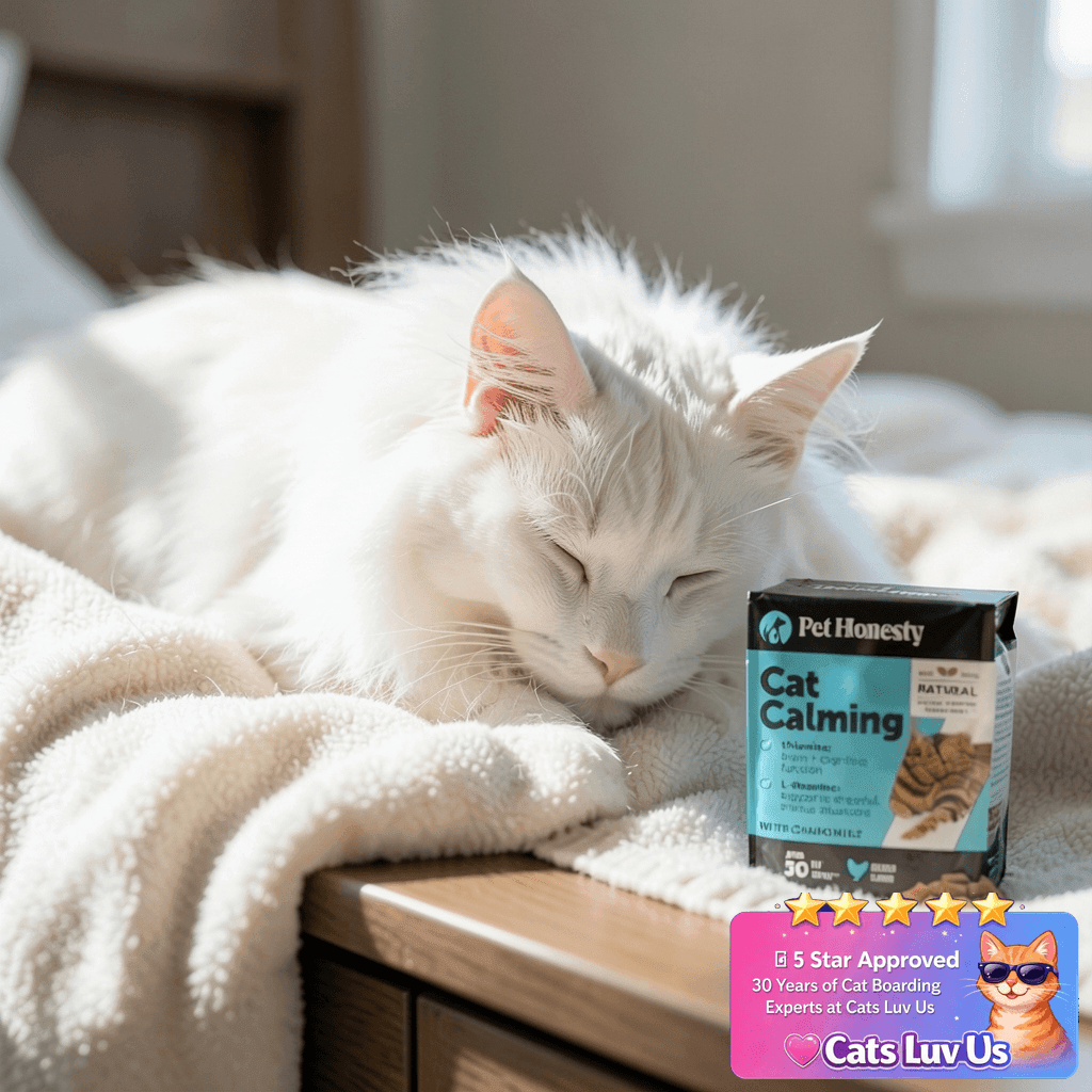 Calming Chews for Cats - Cat Anxiety Relief + Helps Reduce with cat - professional product lifestyle photo