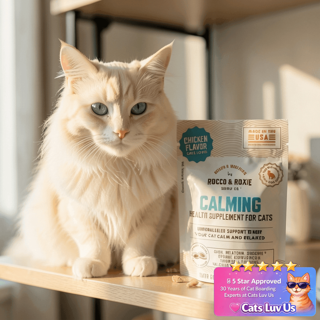 Rocco & Roxie Cat Calming Treats with Melatonin for Cats with cat - professional product lifestyle photo