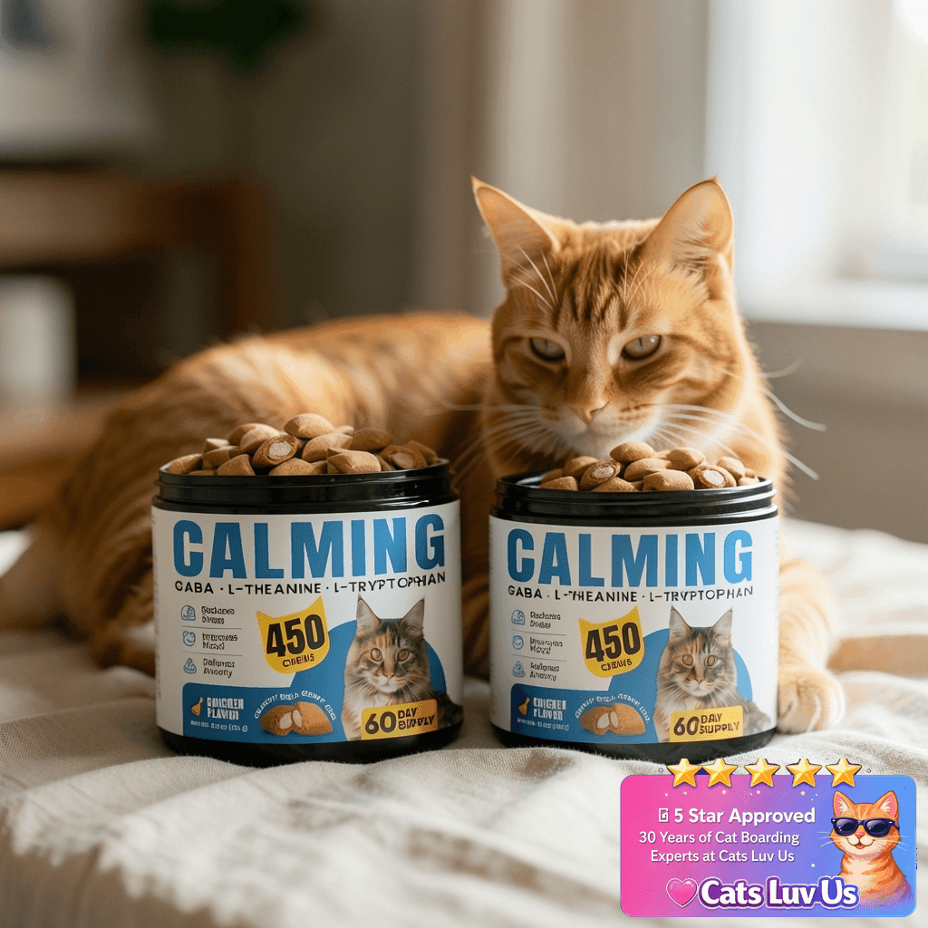 Calming Cat Treats with GABA for Anxiety Relief - Calming with cat - professional product lifestyle photo
