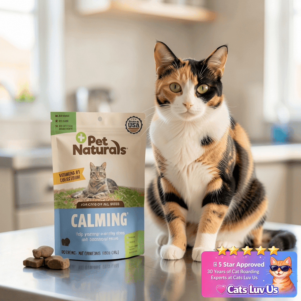 Pet Naturals Calming Chews for Cats with cat - professional product lifestyle photo