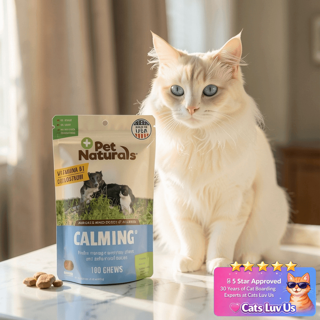 Pet Naturals Calming Chews for Dogs and Cats with cat - professional product lifestyle photo