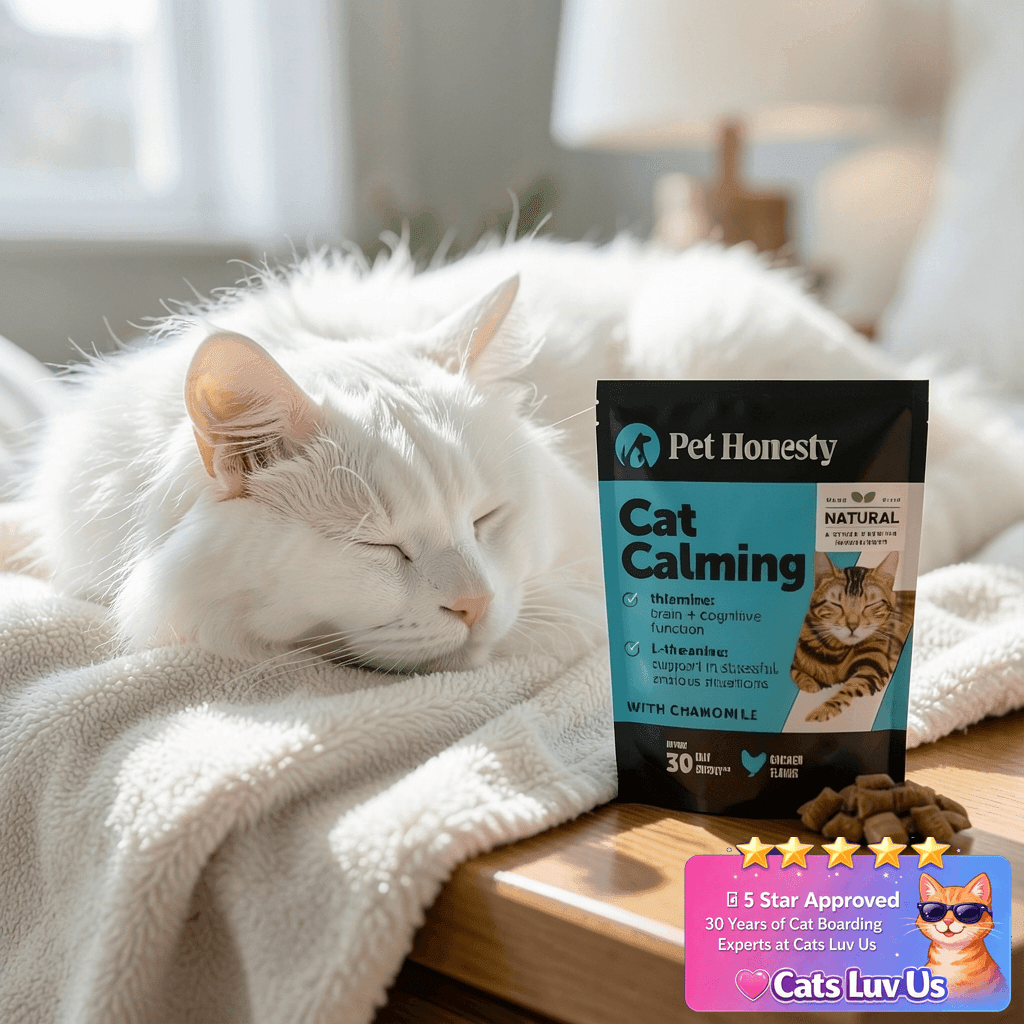 Calming Chews for Cats - Cat Anxiety Relief + Helps Reduce with cat - professional product lifestyle photo