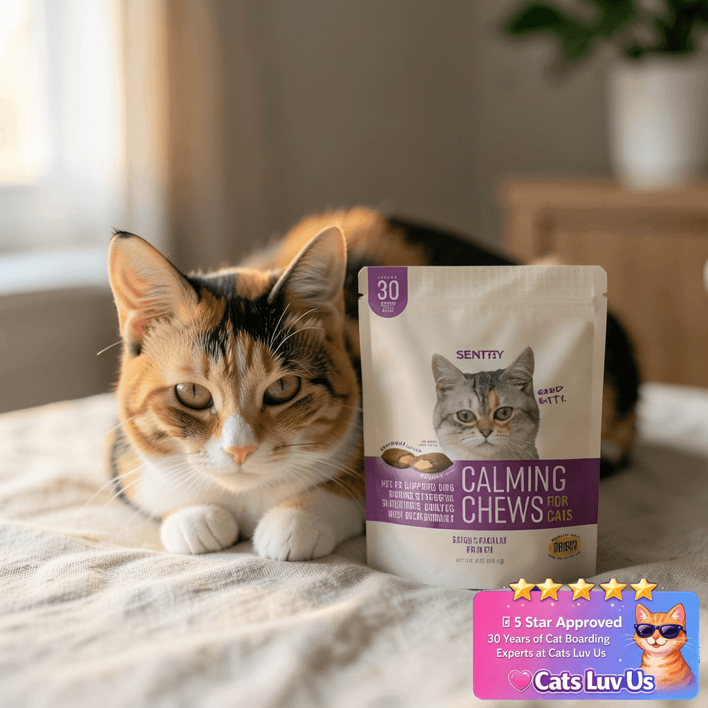 Sentry Calming Chews for Cats with cat - professional product lifestyle photo