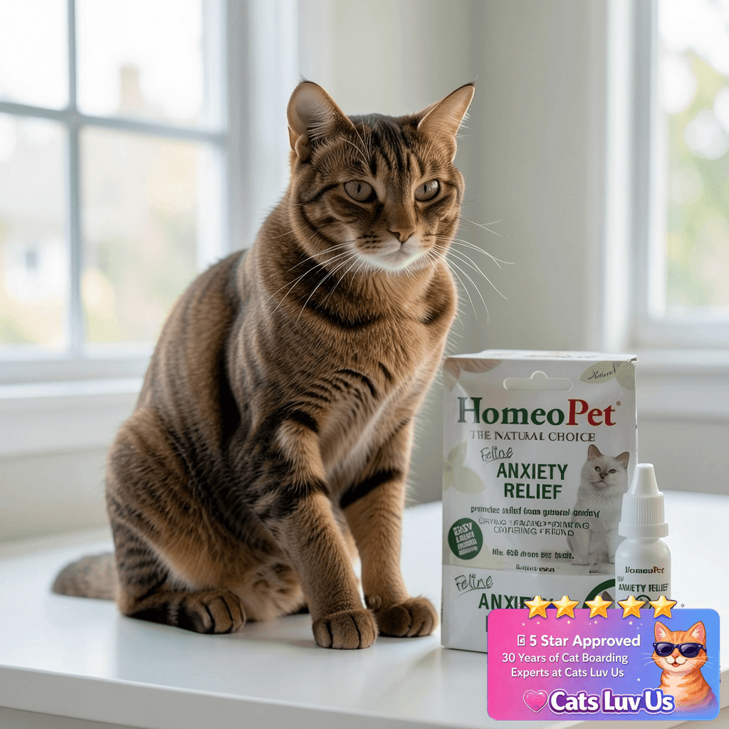 HomeoPet Feline Anxiety Relief with cat - professional product lifestyle photo