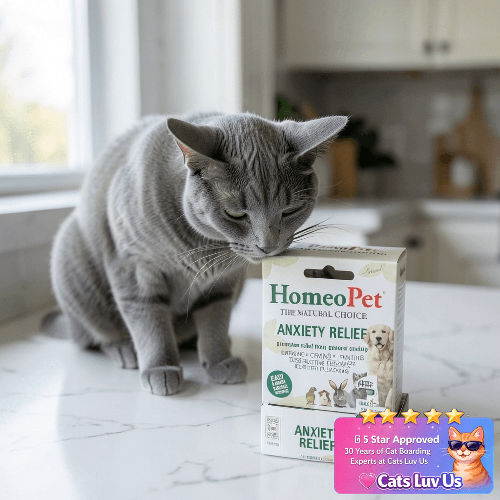 HomeoPet Anxiety Relief Medicine for Pets with cat - professional product lifestyle photo
