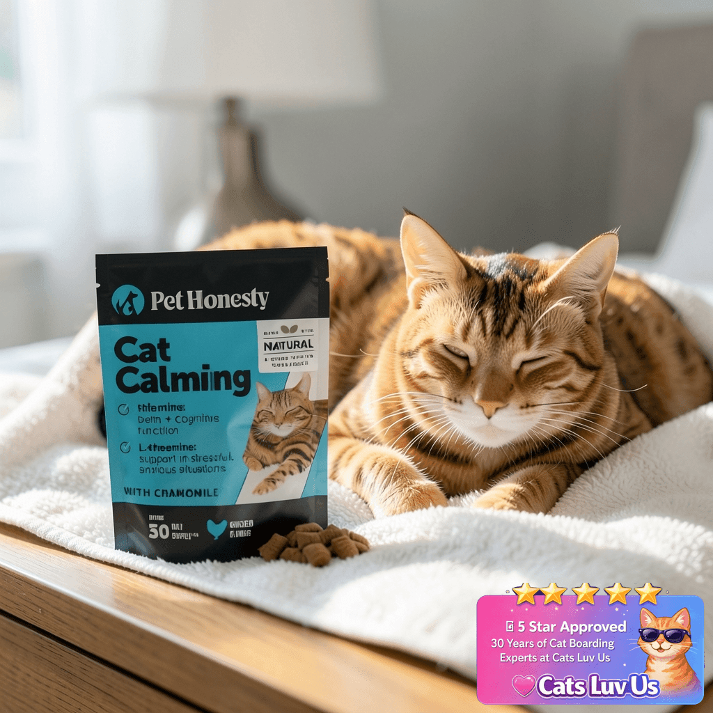 Calming Chews for Cats - Cat Anxiety Relief + Helps Reduce with cat - professional product lifestyle photo