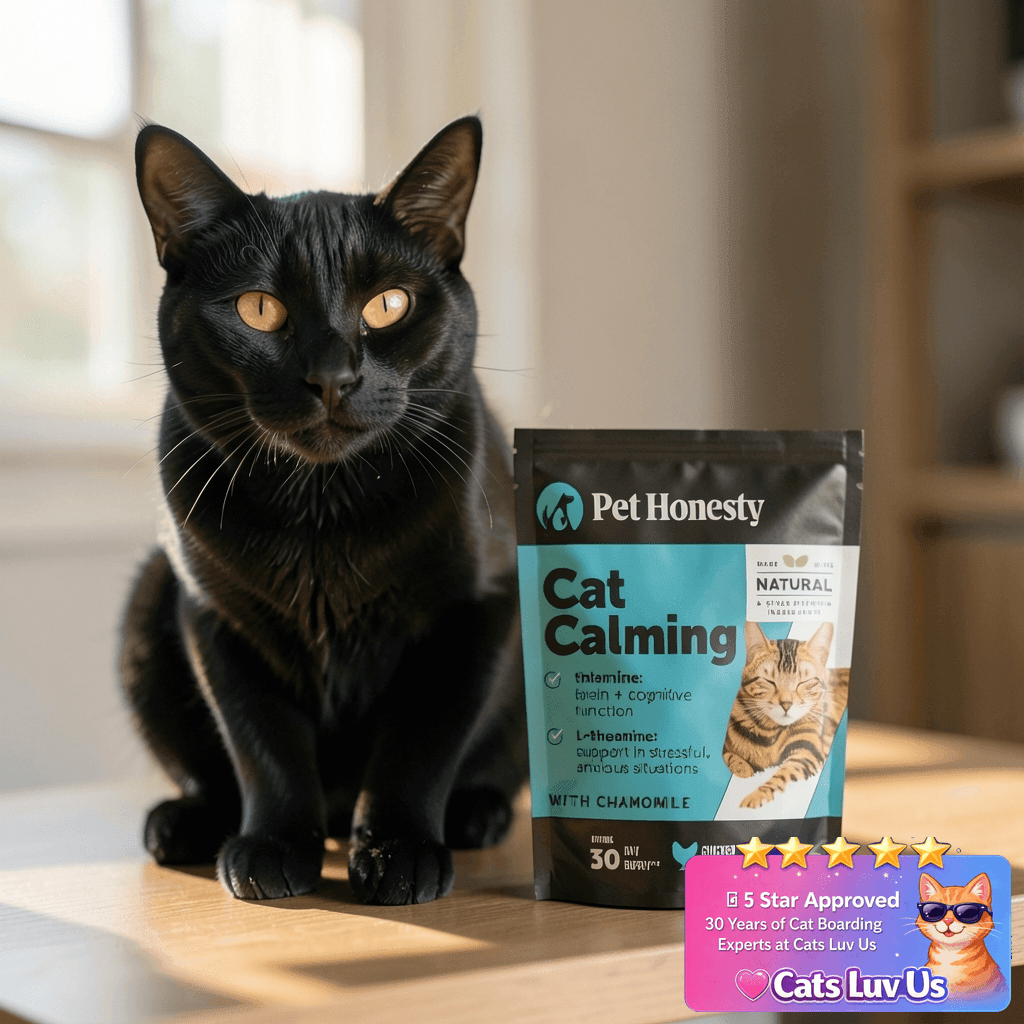 Calming Chews for Cats - Cat Anxiety Relief + Helps Reduce with cat - professional product lifestyle photo