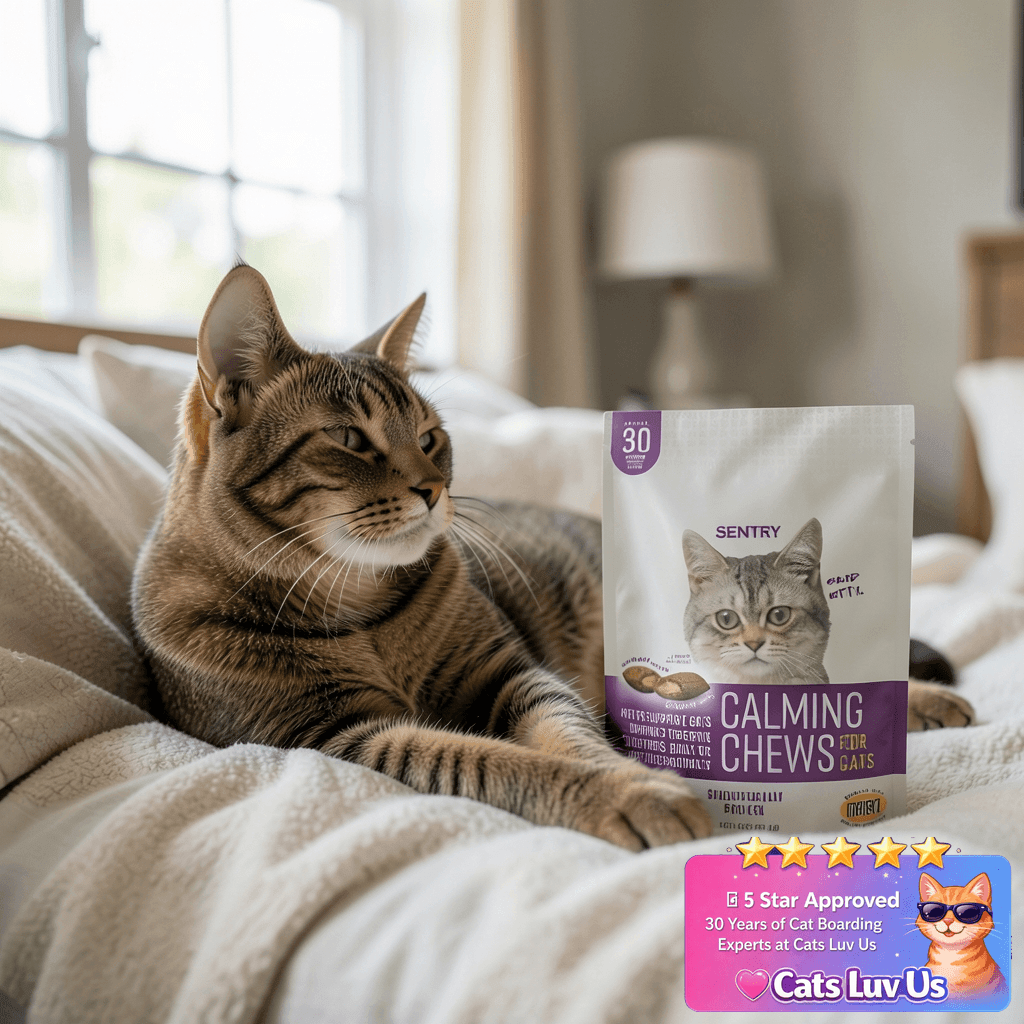 Sentry Calming Chews for Cats with cat - professional product lifestyle photo