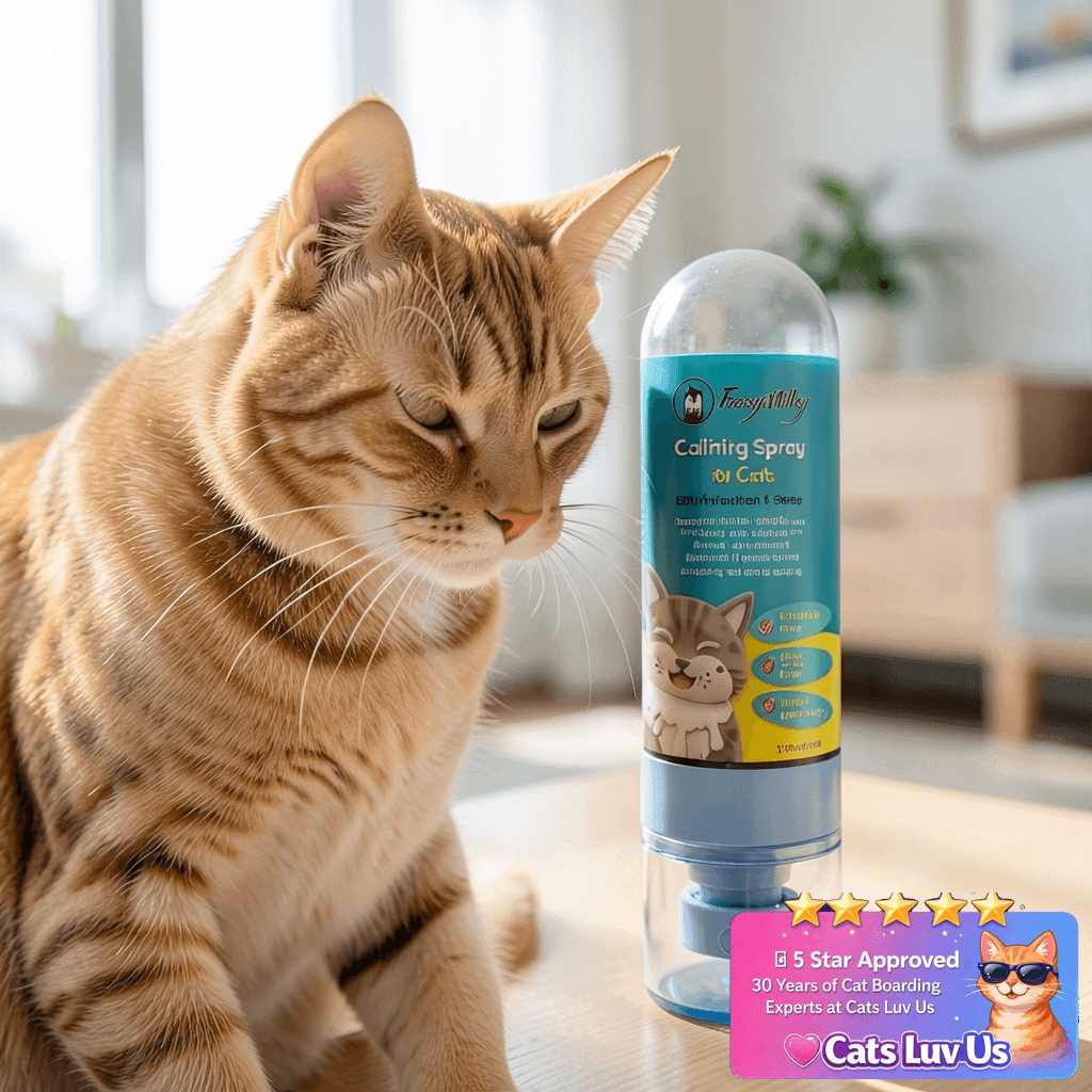 FuzzyMilky Cat Calming Spray 80ml - Ethanol Free with cat - professional product lifestyle photo