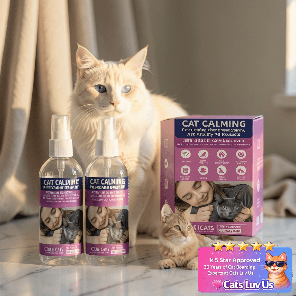 KODASNY Cat Calming Pheromone Spray Kit Feline Calm with cat - professional product lifestyle photo