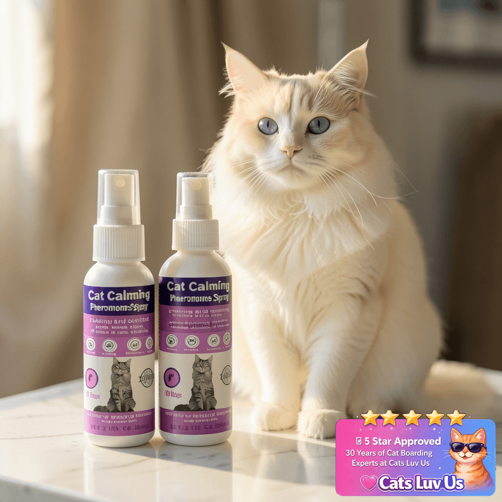 Cat Calming Spray with Pheromones – Anxiety & Stress Relief with cat - professional product lifestyle photo