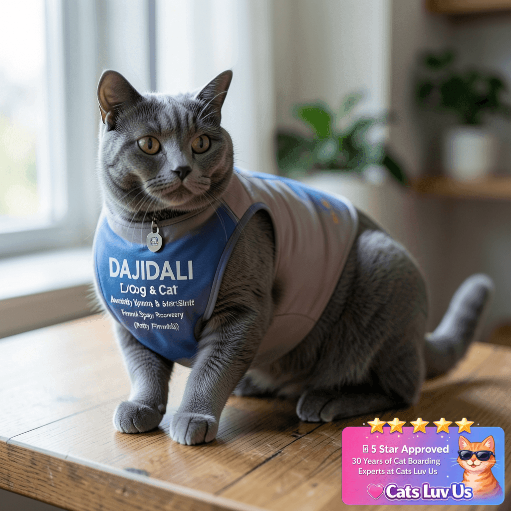DAJIDALI® Dog & Cat Anxiety Vest & Spay Recovery Suit – with cat - professional product lifestyle photo