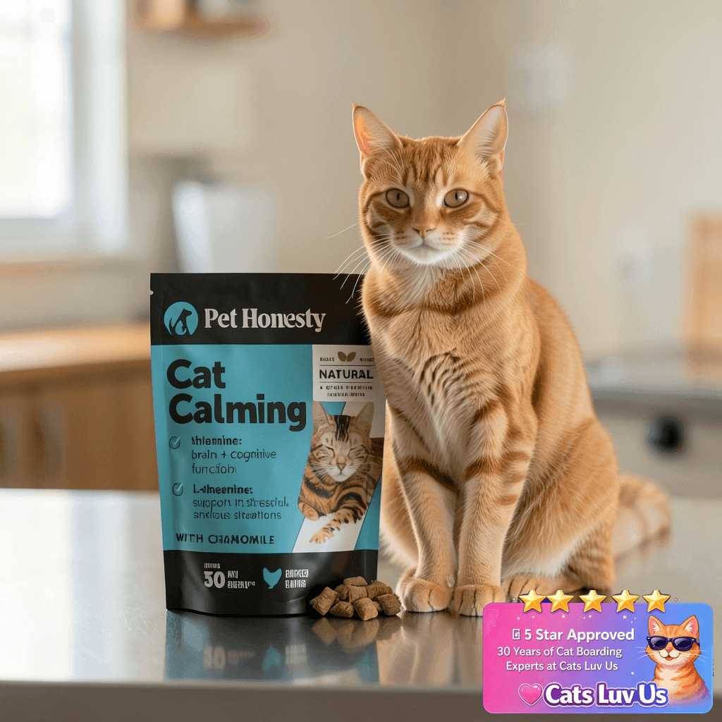 Calming Chews for Cats - Cat Anxiety Relief + Helps Reduce with cat - professional product lifestyle photo