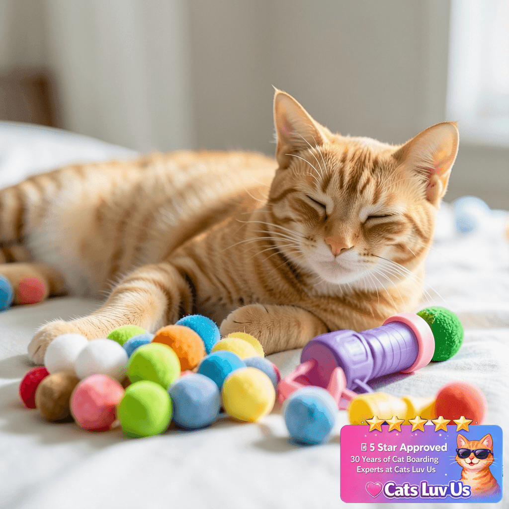 Jgalnim 100 Cat Pom Pom Balls &2 Cat Toy Launchers with cat - professional product lifestyle photo