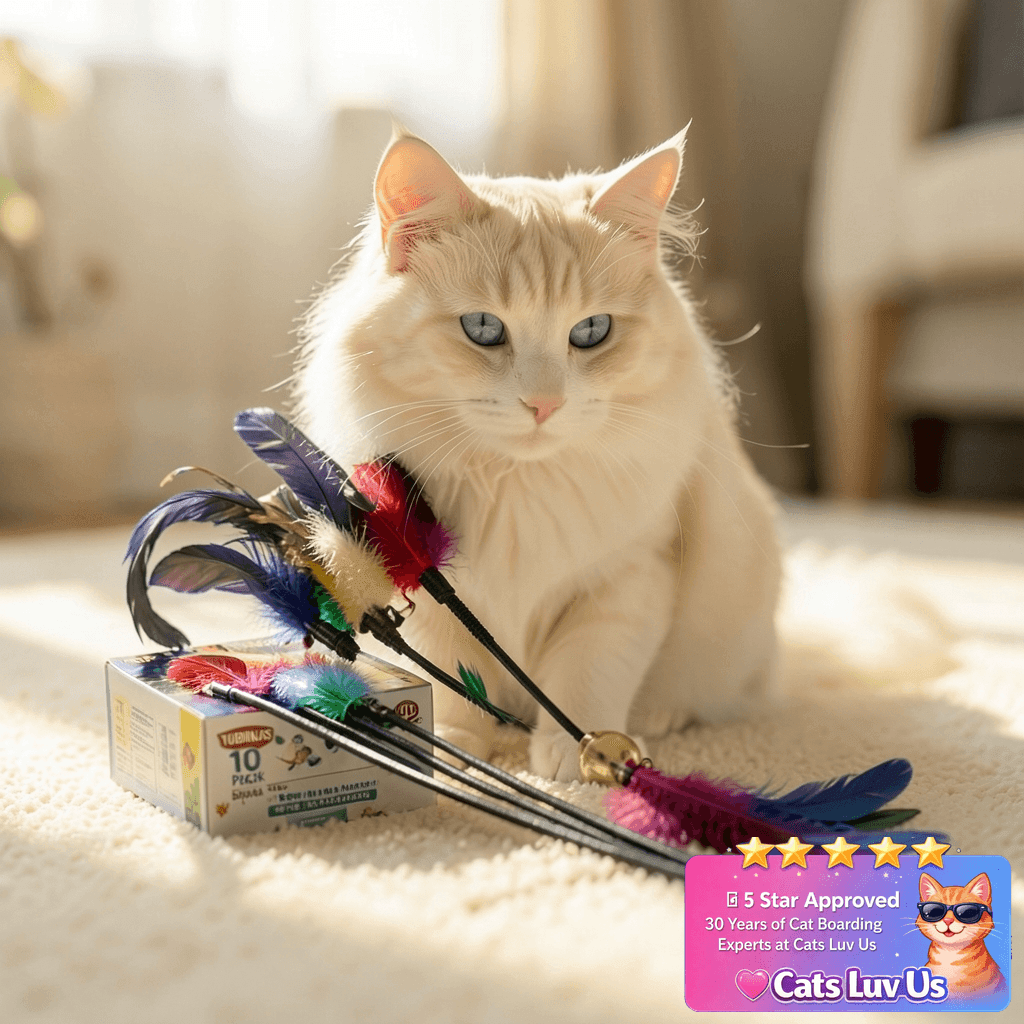 YUBONUS 10-Pack Cat Feather Wand Toys with Bell with cat - professional product lifestyle photo