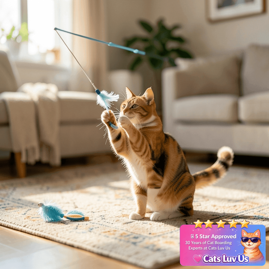 SmartyKat Frisky Flyer Feather Wand Cat Toy with cat - professional product lifestyle photo