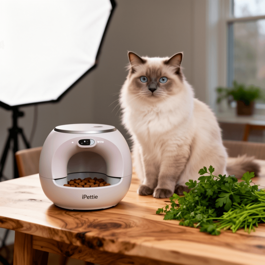 iPettie Donut Frost WiFi 6 Meal Automatic Cat Dispenser with with cat - professional product lifestyle photo