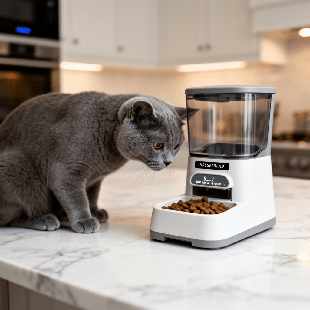 Automatic Cat Feeder Wet Food for 5 Meals with cat - professional product lifestyle photo