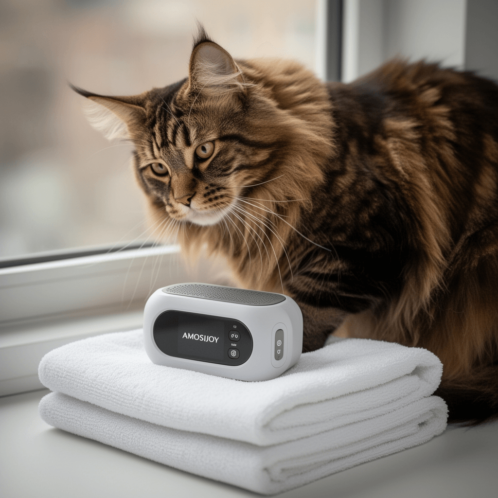 AMOSIJOY Cordless Cat Window Perch with cat - professional product lifestyle photo