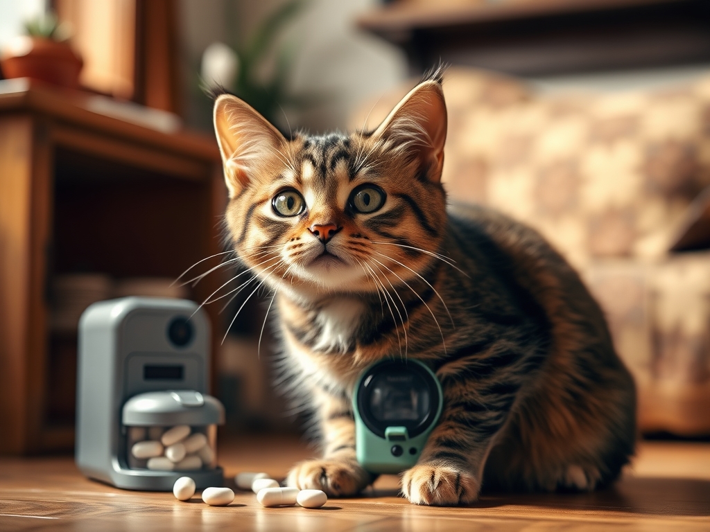 Cat owner reviewing automatic pill dispenser for senior cats options for their pet in 2026