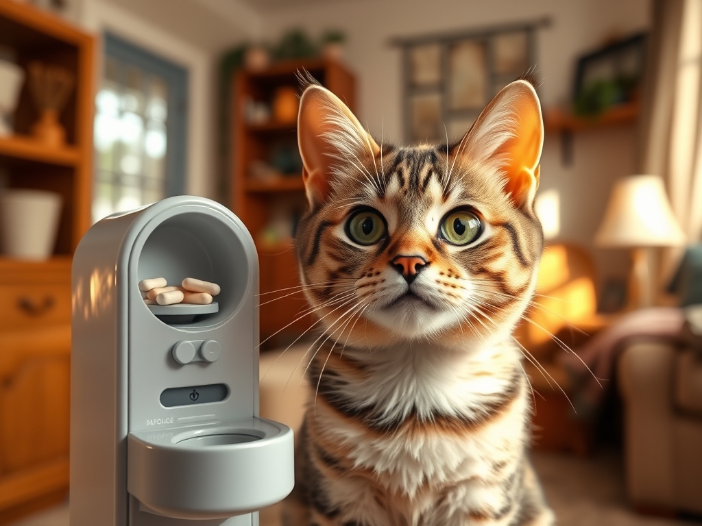 Cat owner reviewing automatic pill dispenser reviews for cats options for their pet in 2026