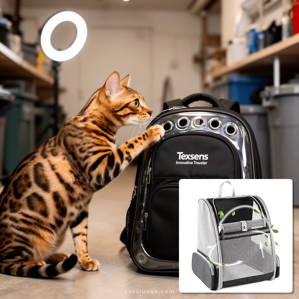 Cat Backpack Carrier with Detachable Play Tunnel with cat - professional product lifestyle photo