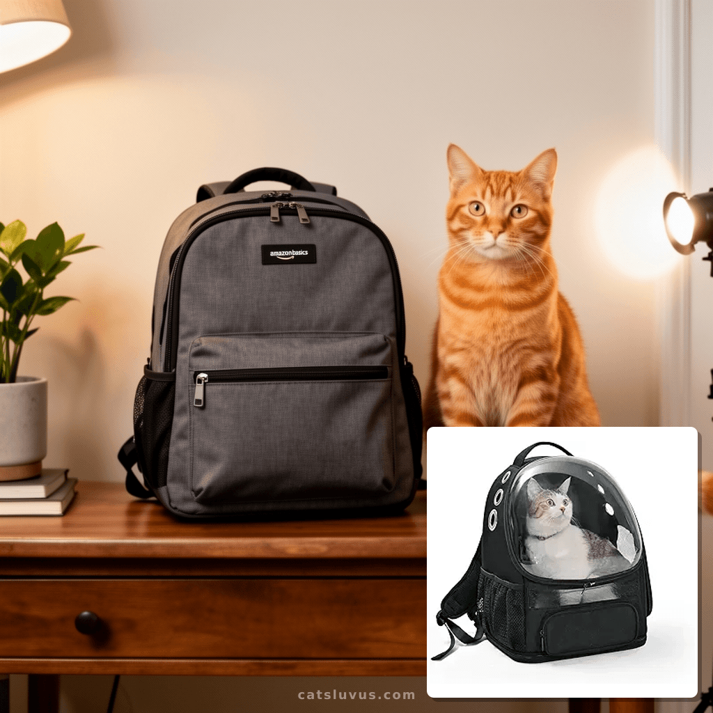Amazon Basics Pet Carrier Backpack for Small Cats & Dogs with cat - professional product lifestyle photo