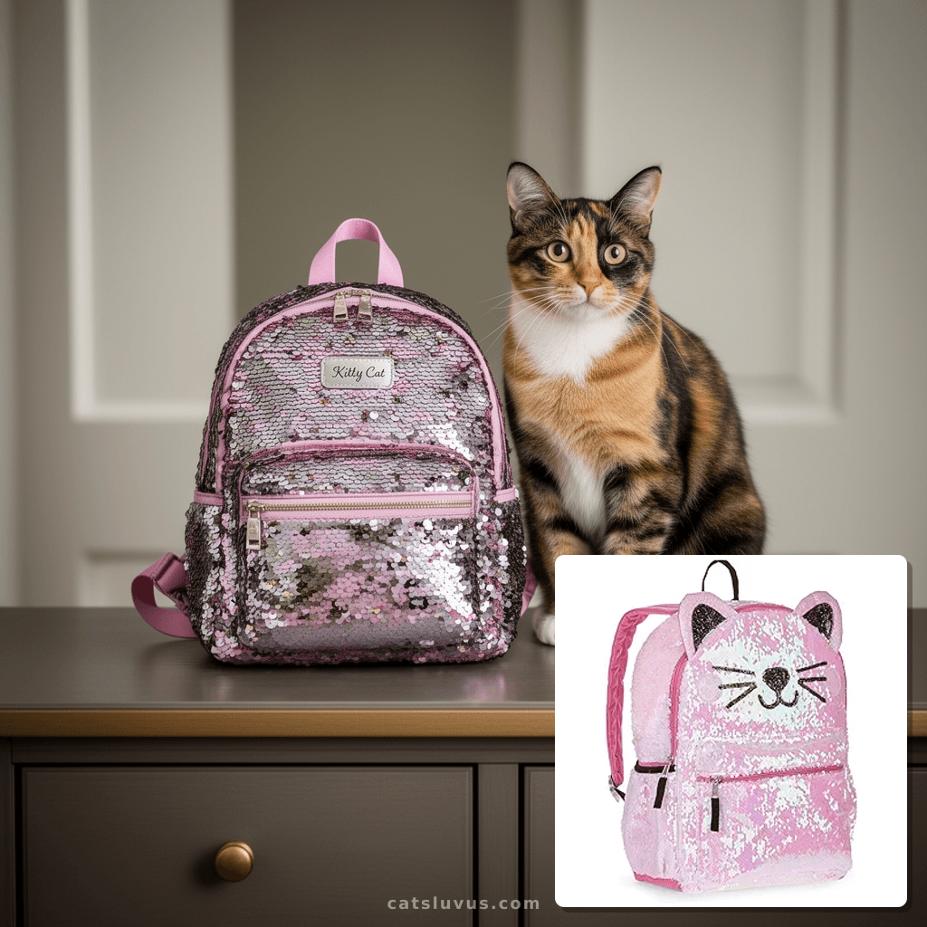 Kitty Cat Sequin Backpack for Girls -- Deluxe Kitten Backpac with cat - professional product lifestyle photo
