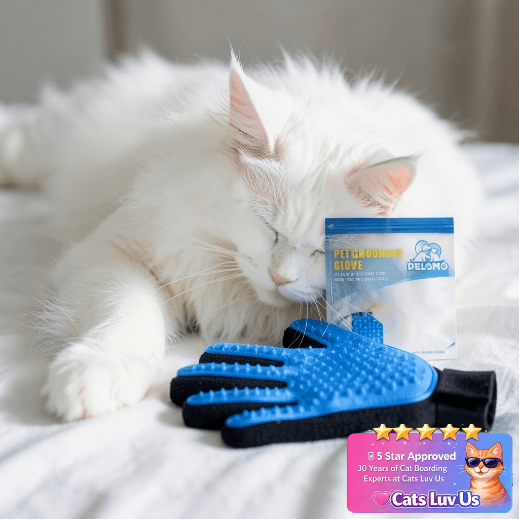 Pet Hair Remover Glove - Gentle Pet Glove Brush - with cat - professional product lifestyle photo