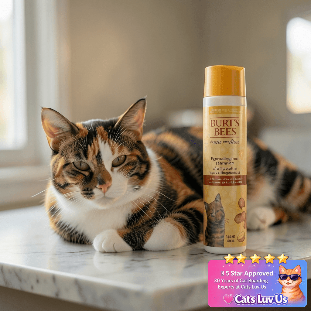 Burt’s Bees for Pets Hypoallergenic Cat Shampoo with Shea with cat - professional product lifestyle photo
