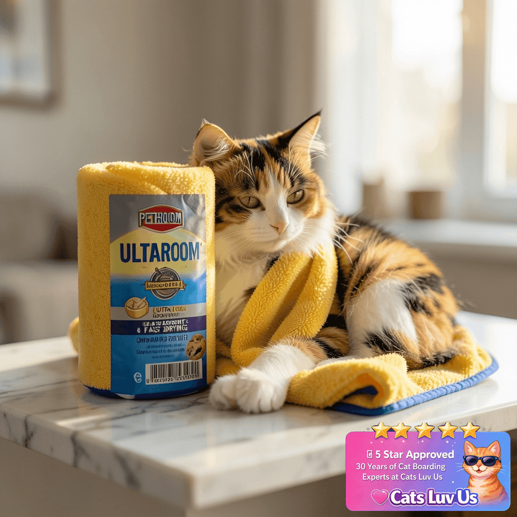 PETHROOM Ultra Absorbent Pet Towel | Quick-Drying with cat - professional product lifestyle photo