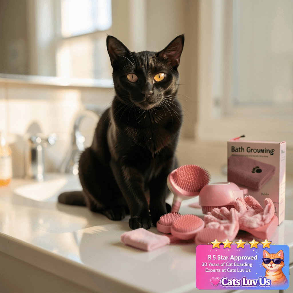 Bath Kit for Pets - Hair Brush Set with Towel with cat - professional product lifestyle photo