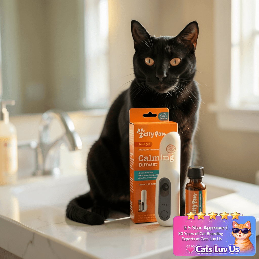 Zesty Paws 30 Day Cat Pheromones Calming Diffuser Plug-in with cat - professional product lifestyle photo