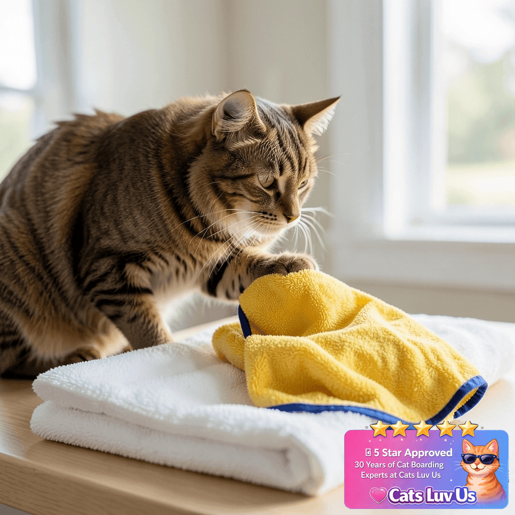 PETHROOM Ultra Absorbent Pet Towel | Quick-Drying with cat - professional product lifestyle photo