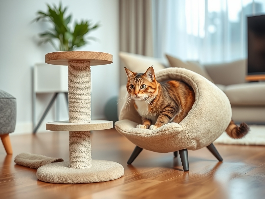 cat bed with scratching post - cat beds blankets guide hero image