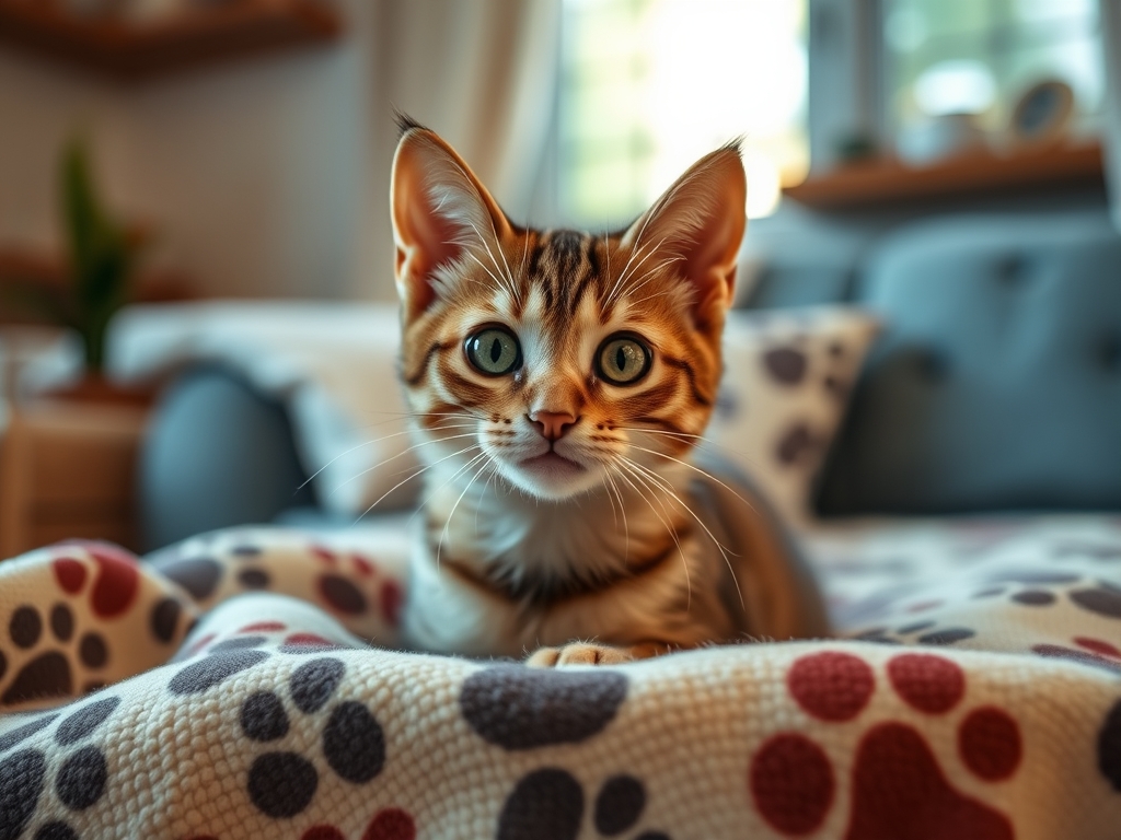 cat blanket with paw print design - cat beds blankets guide hero image