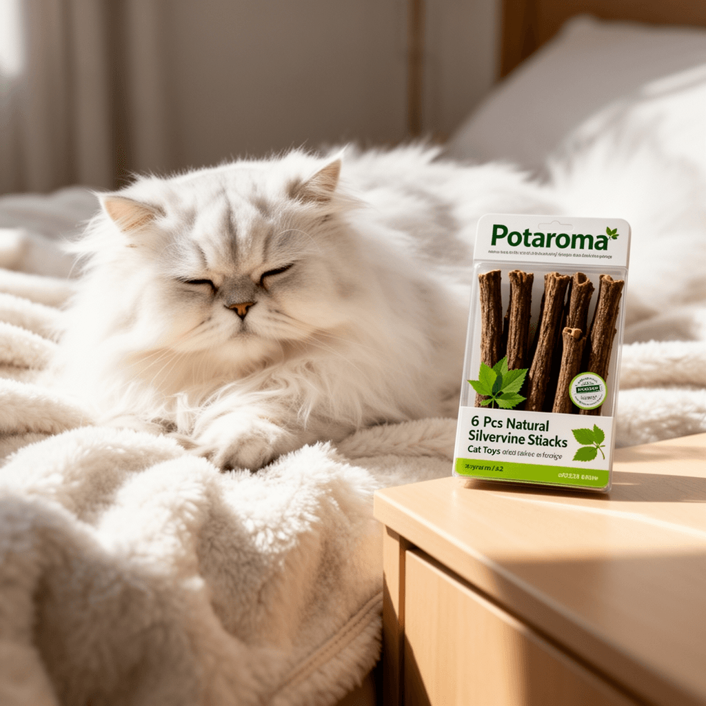 Potaroma 6 Pcs Natural Silvervine Sticks Cat Toys with cat - professional product lifestyle photo