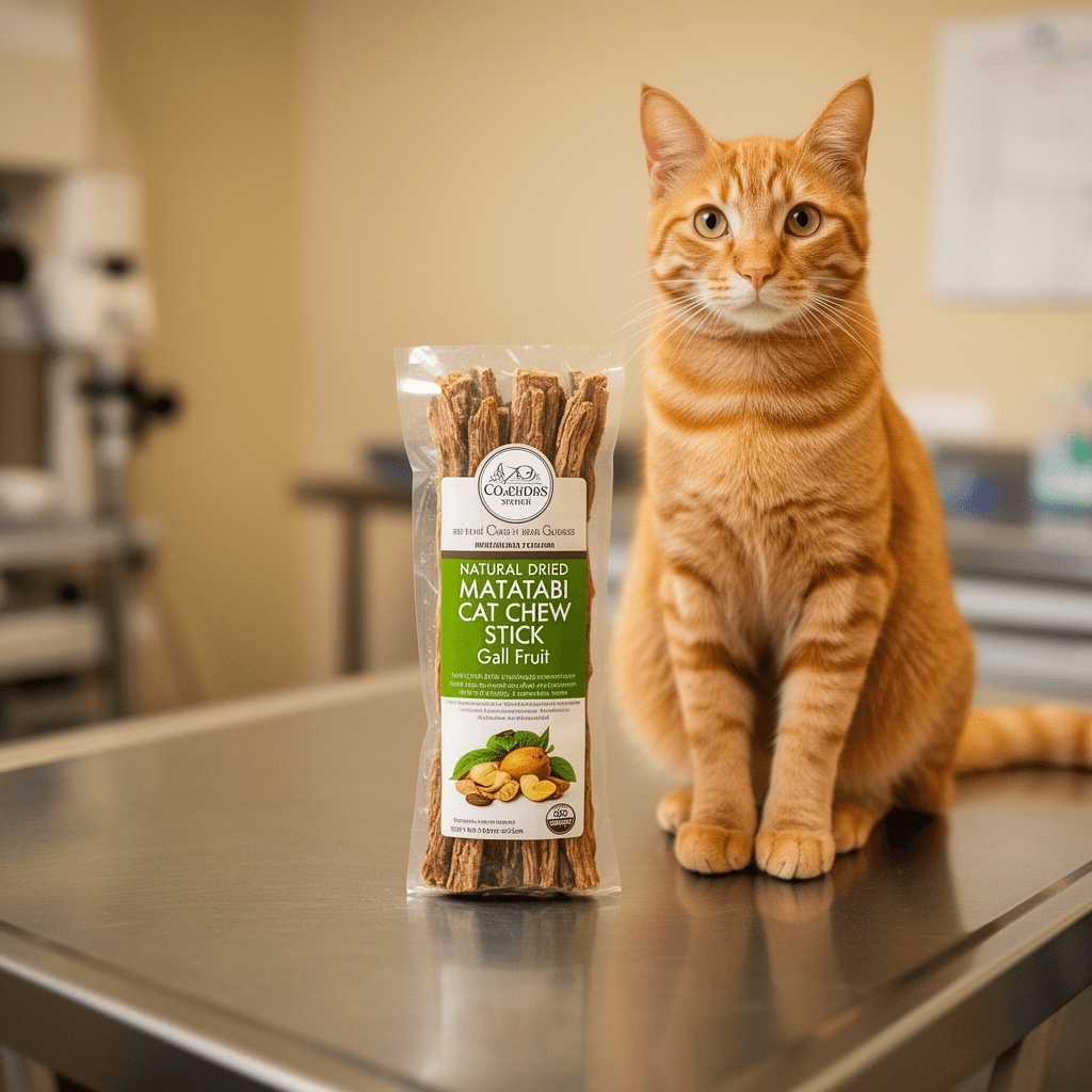 Natural Dried Matatabi Cat Chew Stick with Gall Fruit with cat - professional product lifestyle photo