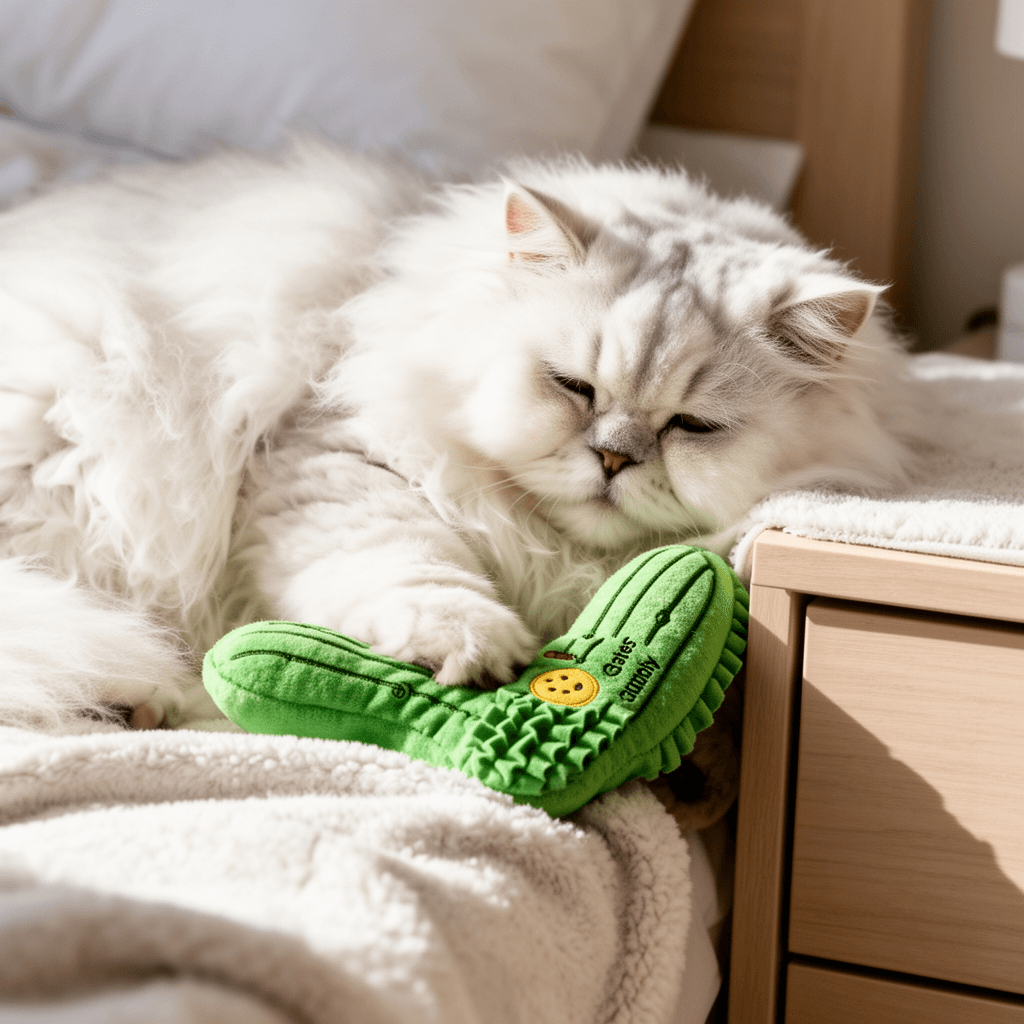 Catstages Crunchy Pickle Kicker Cat Toy – Plush Crinkle Toy with cat - professional product lifestyle photo
