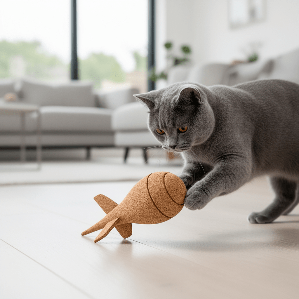 from The Field | Stella The Cork Comet Cat Toy | Natural with cat - professional product lifestyle photo