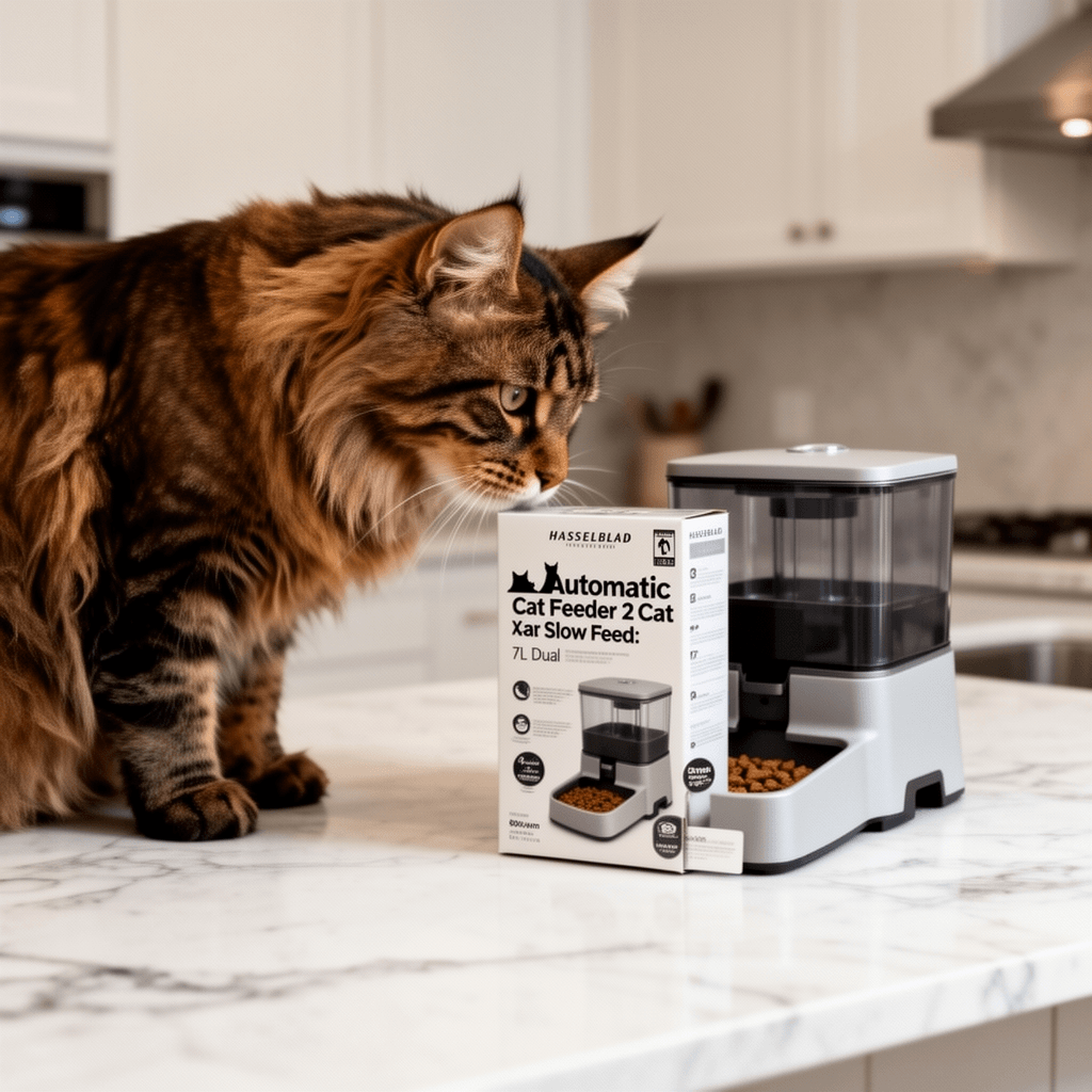 Automatic Cat Feeders 2 Cat with Slow Feed: 7L Dual with cat - professional product lifestyle photo