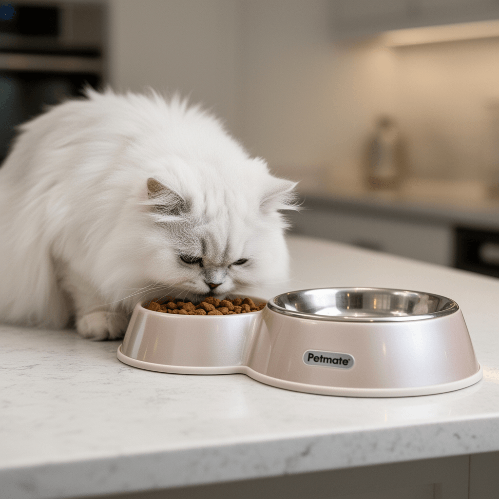 Petmate Pet Cafe Feeder Dog and Cat Feeder Pearlescent with cat - professional product lifestyle photo