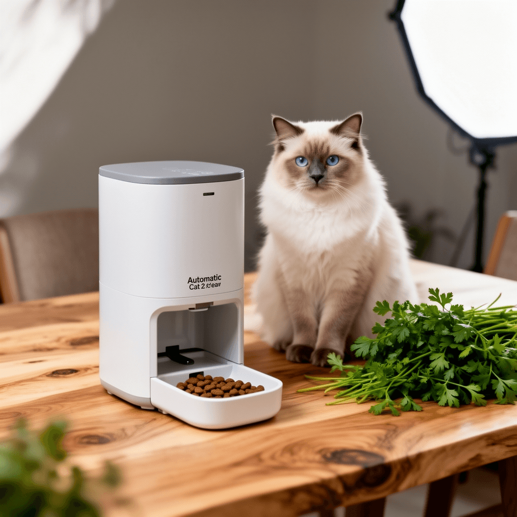 Automatic Cat Feeder for 2 Cats with cat - professional product lifestyle photo
