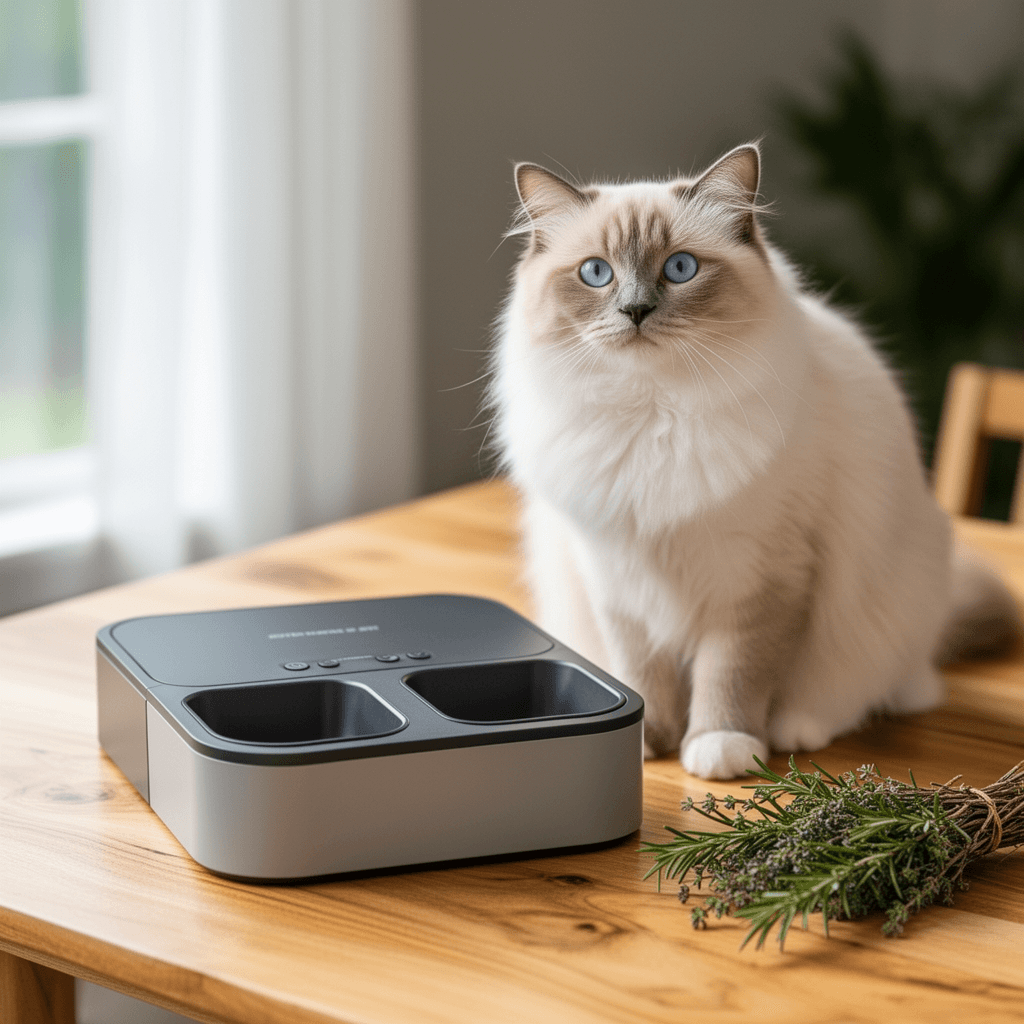 Automatic Cat Feeder for 3 Cats with cat - professional product lifestyle photo