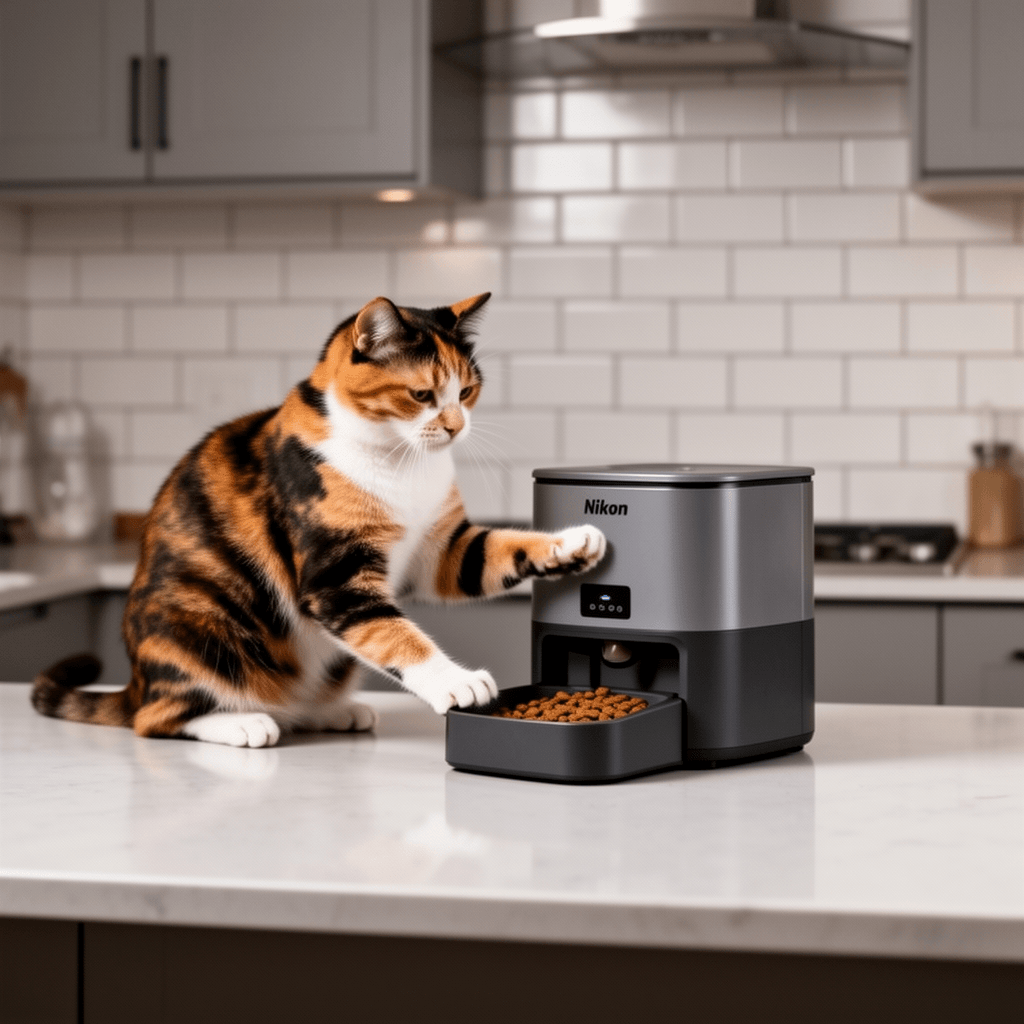Automatic Cat Feeder with cat - professional product lifestyle photo